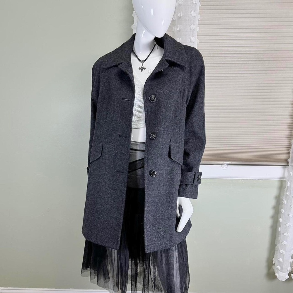 Mystic Charcoal Dark Gray Wool-Blend Minimalist Single Breasted Car Coat (M)